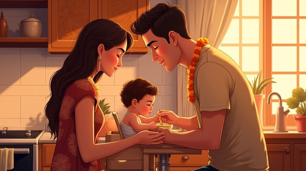Dans une cuisine moderne hawaïenne, un couple nourrit tendrement leur bébé, dans une ambiance chaleureuse, entourée de plats typiques comme le poke et le loco moco, sous une lumière tamisée.