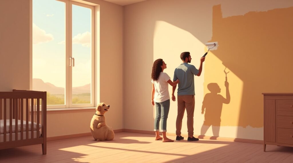 Deux parents catalans repeignent joyeusement la chambre de leur futur bébé, dans une pièce lumineuse au design épuré, avec un berceau en bois sculpté aux détails fins.