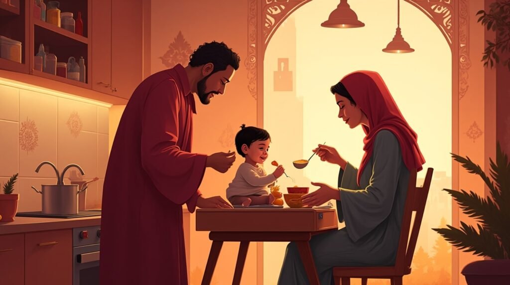 Dans une cuisine marocaine aux murs en zellige coloré, un couple donne à manger à leur bébé, dans une ambiance familiale chaleureuse et rieuse.