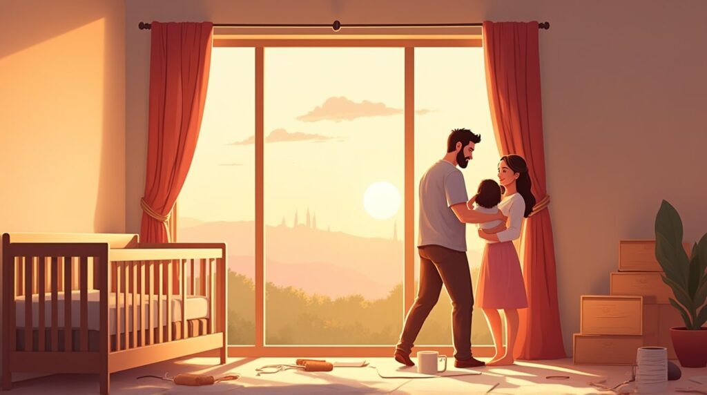 Deux parents turcs décorent joyeusement la chambre de leur futur bébé, dans une pièce moderne et lumineuse, avec un berceau en bois sculpté, orné de détails traditionnels turcs.