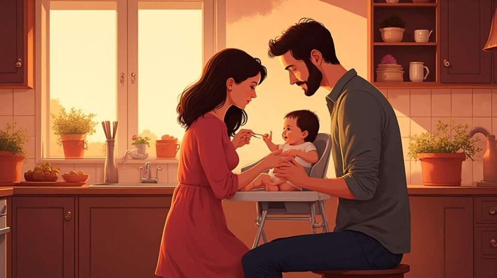 Dans une cuisine espagnole, un couple nourrit tendrement leur bébé, dans une ambiance chaleureuse et pleine de rires, entourée de plats traditionnels espagnols.