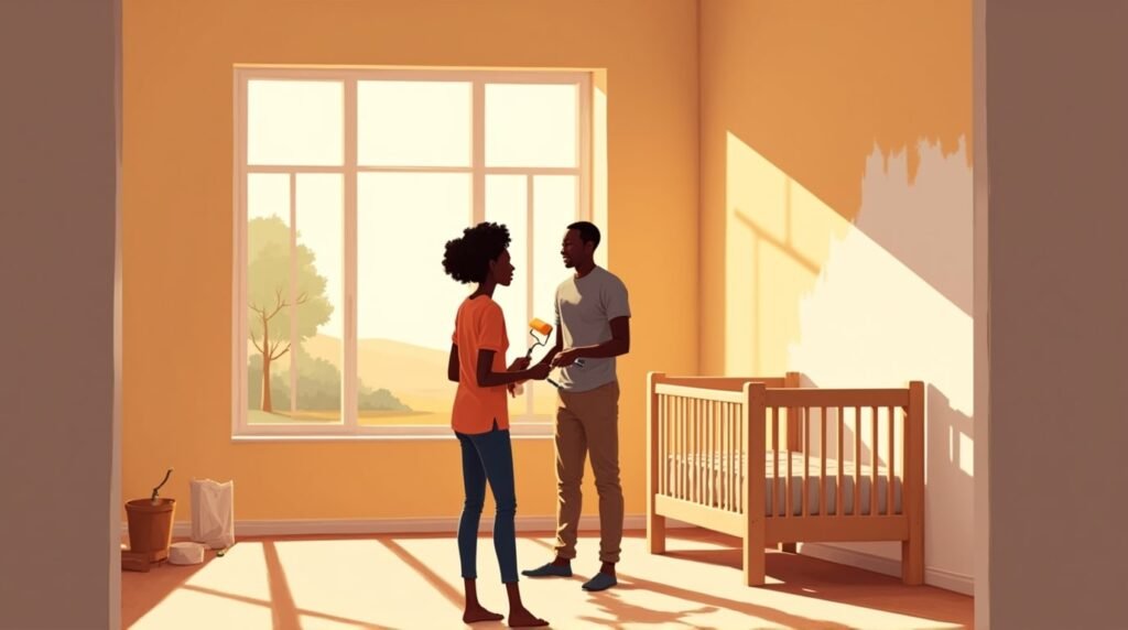Deux parents camerounais décorent joyeusement la chambre de leur futur bébé, dans une pièce moderne et lumineuse, avec un berceau en bois sculpté orné de motifs traditionnels camerounais.