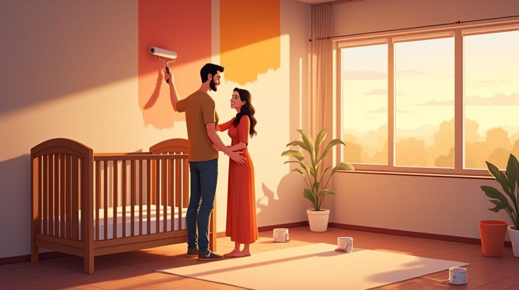 Deux parents indiens décorent joyeusement la chambre de leur futur bébé, dans une pièce moderne et lumineuse, avec un berceau en bois sculpté orné de motifs traditionnels indiens.