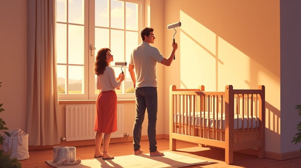 Deux parents scandinaves décorent joyeusement la chambre de leur futur bébé, dans une pièce moderne et lumineuse, avec un berceau en bois sculpté orné de détails traditionnels scandinaves.