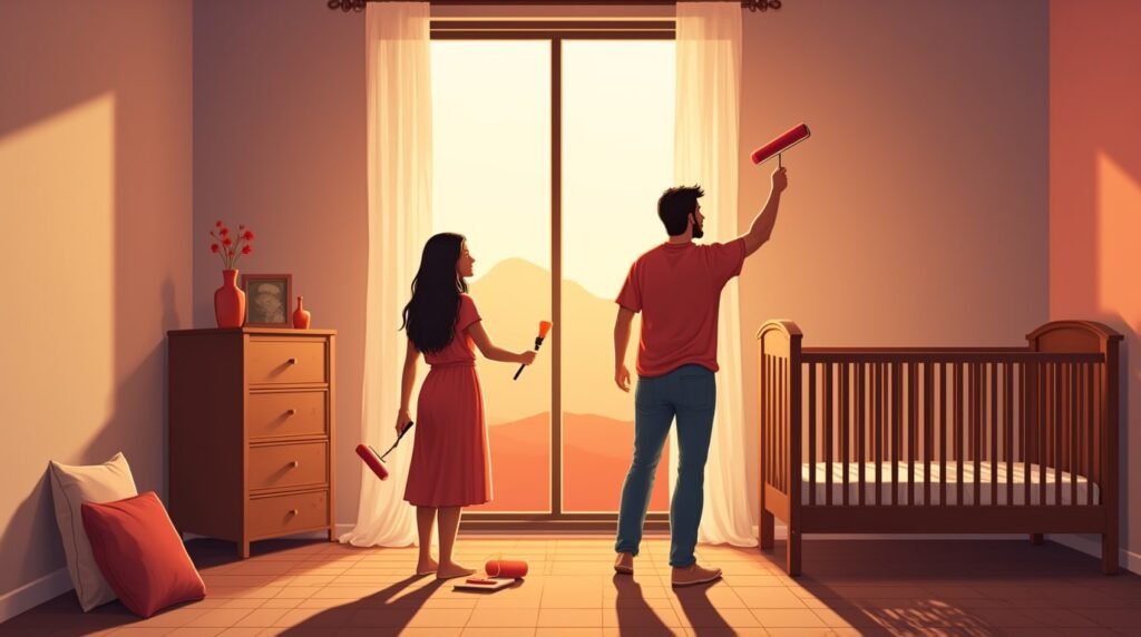 Deux parents amérindiens repeignent joyeusement la chambre de leur futur bébé, dans une pièce lumineuse et naturelle, avec un berceau en bois sculpté aux motifs amérindiens.