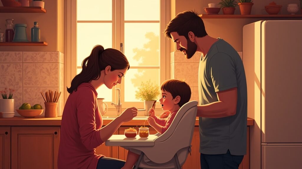 Dans une cuisine anglaise moderne, un couple nourrit tendrement leur bébé, dans une ambiance chaleureuse, entourée de plats typiques comme le "Sunday roast" et de lumière tamisée.