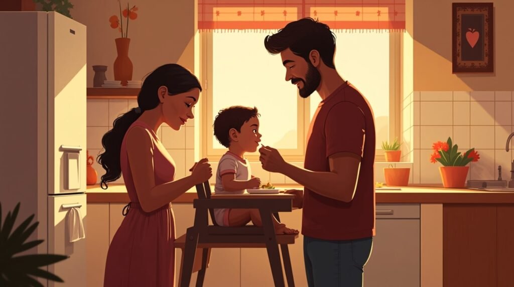 Dans une cuisine catalane moderne, un couple nourrit tendrement leur bébé, dans une ambiance conviviale, entourée de plats typiques comme la "crema catalana" et de lumière tamisée.