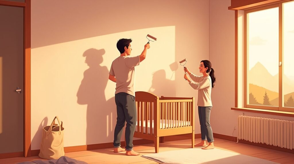 Deux parents japonais décorent joyeusement la chambre de leur futur bébé, dans une pièce moderne et lumineuse, avec un berceau en bois sculpté, orné de motifs traditionnels japonais.