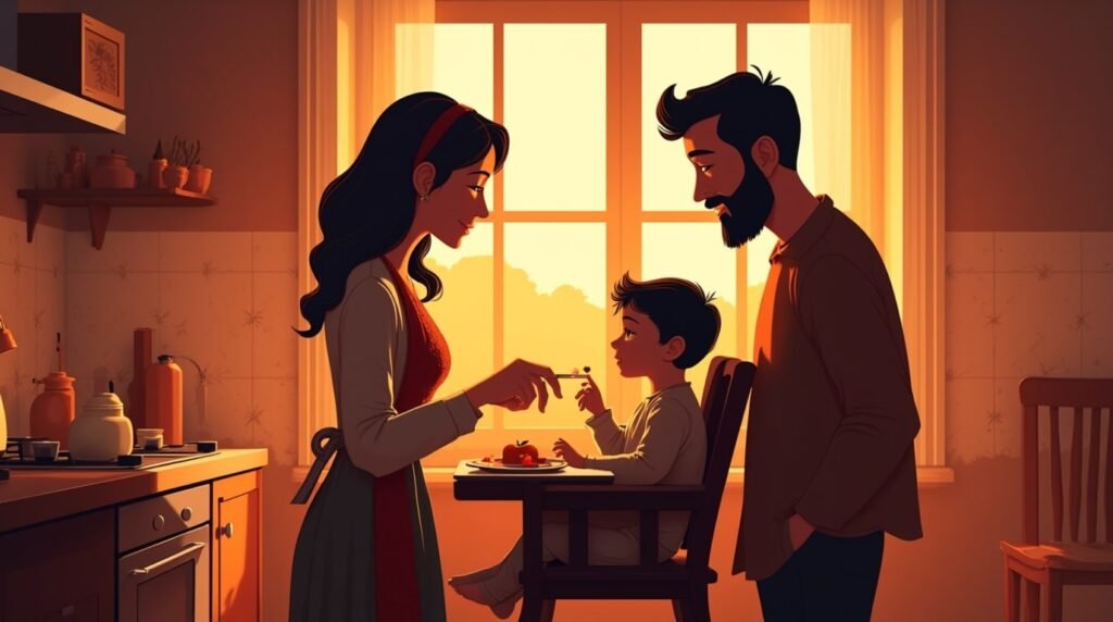 Dans une cuisine moderne belge, un couple nourrit tendrement leur bébé, dans une ambiance chaleureuse, entourée de plats typiques comme les gaufres et le stoofvlees, sous une lumière tamisée.