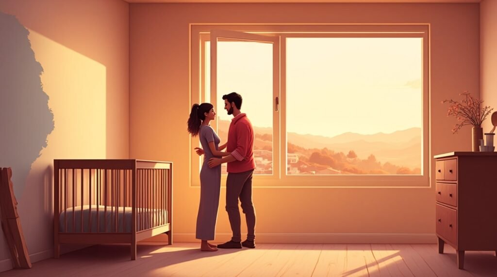 Deux parents corses repeignent joyeusement la chambre de leur futur bébé, dans une pièce en pierre avec des touches de bois local, et un berceau en chêne massif.