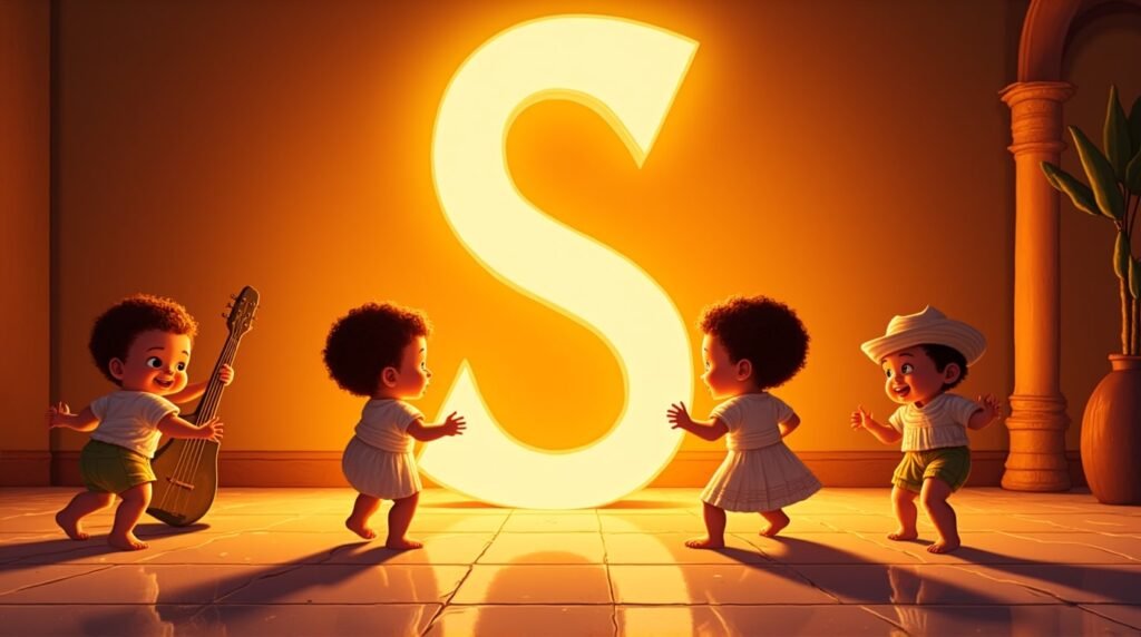 Des bébés vêtus de tenues inspirées d'Amérique Latine, jouant joyeusement autour d'une lettre néon orange "S", sur un sol orné de mosaïque méditerranéenne, vibrant d'énergie.