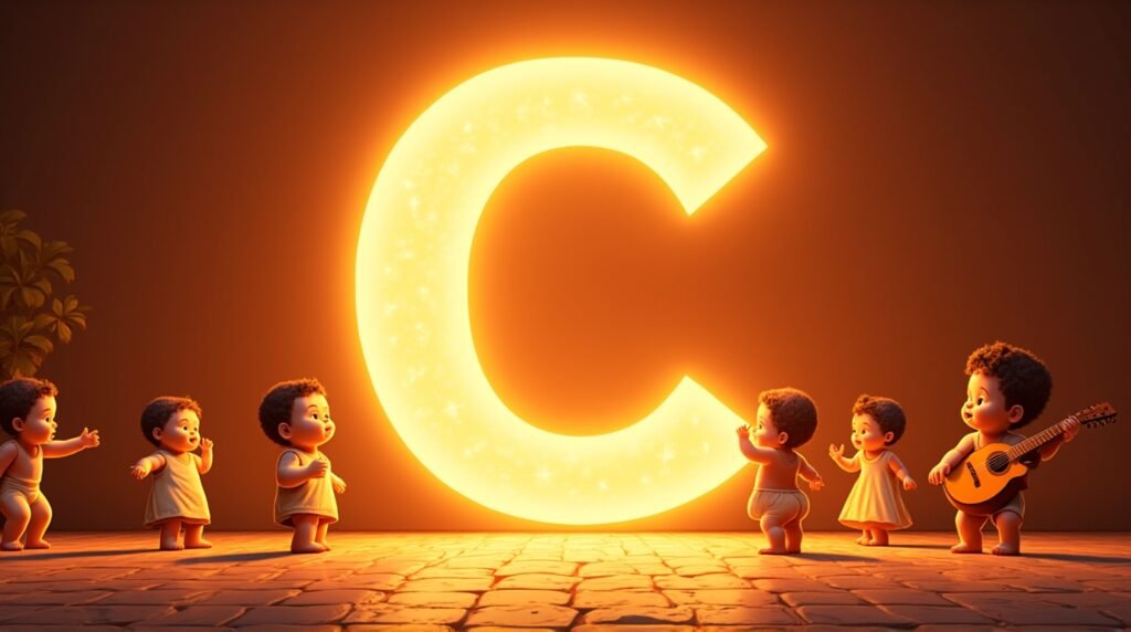 Des bébés vêtus de tenues inspirées de l’Amérique Latine, jouant autour d’une lettre néon orange "C", sur un sol en mosaïque méditerranéenne, vibrant de joie.