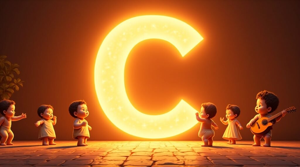 Des bébés vêtus de tenues inspirées de l’Amérique Latine, jouant joyeusement autour d’une lettre néon orange "C", sur un sol décoré de mosaïque méditerranéenne, vibrant de vie.
