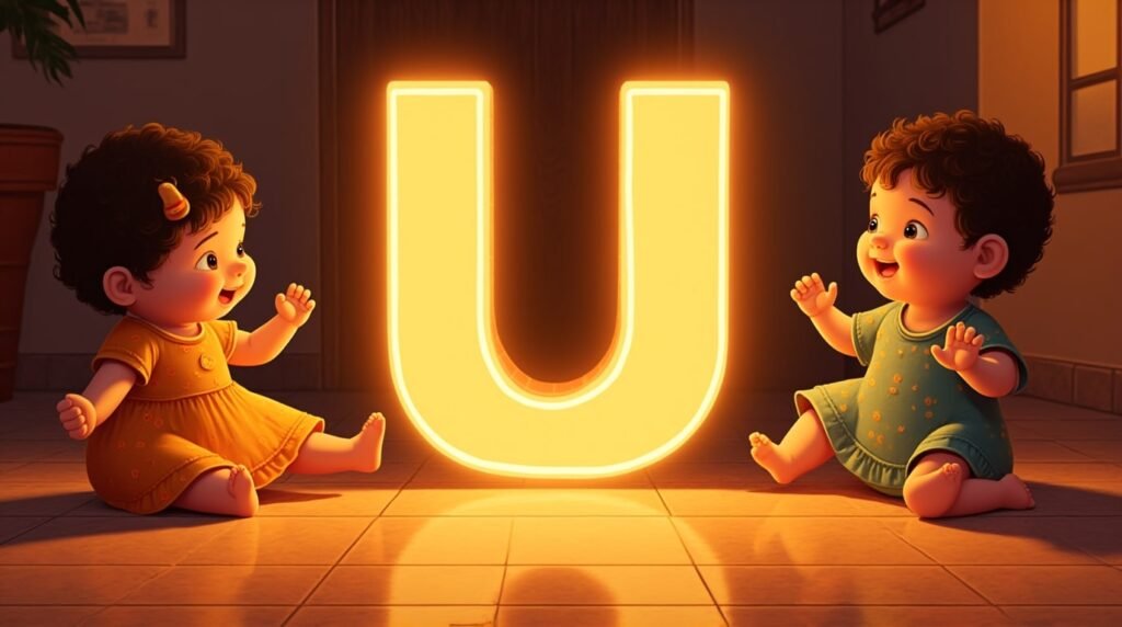 Des bébés vêtus de tenues inspirées d'Amérique Latine, jouant joyeusement autour d’une lettre néon orange "U", sur un sol décoré de mosaïque méditerranéenne, débordant de vitalité.