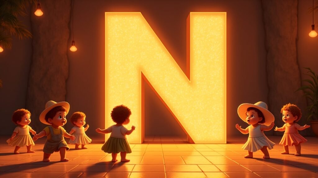 Des bébés vêtus de tenues inspirées d’Amérique Latine, jouant joyeusement autour d’une lettre néon orange "N", sur un sol orné de mosaïque méditerranéenne, rayonnant de vie et de couleur.