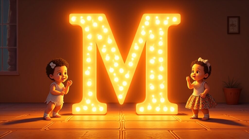 Des bébés vêtus de tenues inspirées de l’Amérique Latine, jouant joyeusement autour d’une lettre néon orange "M", sur un sol décoré de mosaïque méditerranéenne, débordant d'énergie.