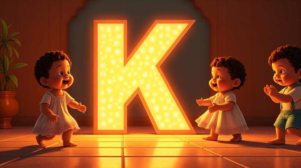Des bébés vêtus de tenues inspirées de l’Amérique Latine, jouant joyeusement autour d’une lettre néon orange "K", sur un sol décoré de mosaïque méditerranéenne, débordant d'énergie.