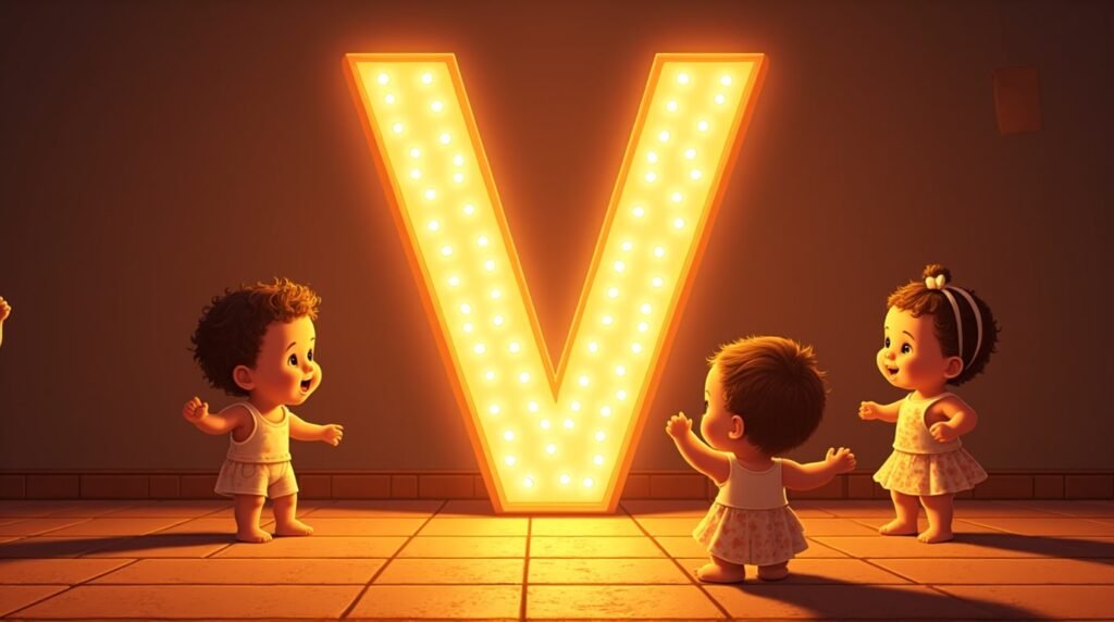 Des bébés vêtus de tenues inspirées de l’Amérique Latine, jouant joyeusement autour d'une lettre néon orange "V", sur un sol décoré de mosaïque méditerranéenne, débordant d'énergie.