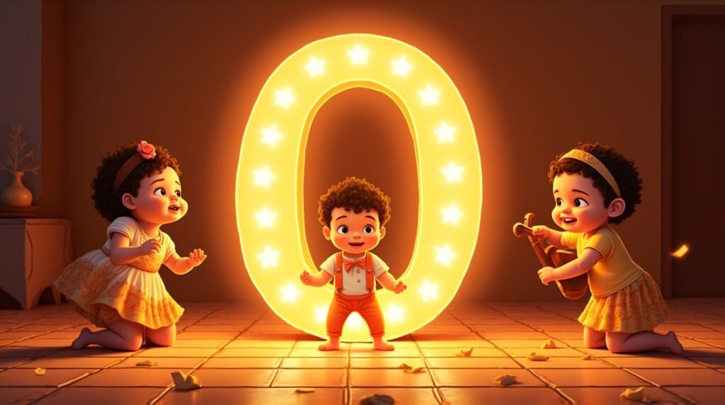 Des bébés vêtus de tenues inspirées d’Amérique Latine, jouant joyeusement autour d’une lettre néon orange "O", sur un sol décoré de mosaïque méditerranéenne, débordant d’énergie.