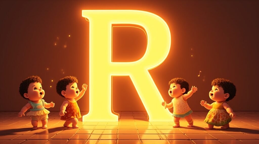 Des bébés vêtus de tenues inspirées d’Amérique Latine, jouant joyeusement autour d’une lettre néon orange "R", sur un sol décoré de mosaïque méditerranéenne, débordant d'énergie.