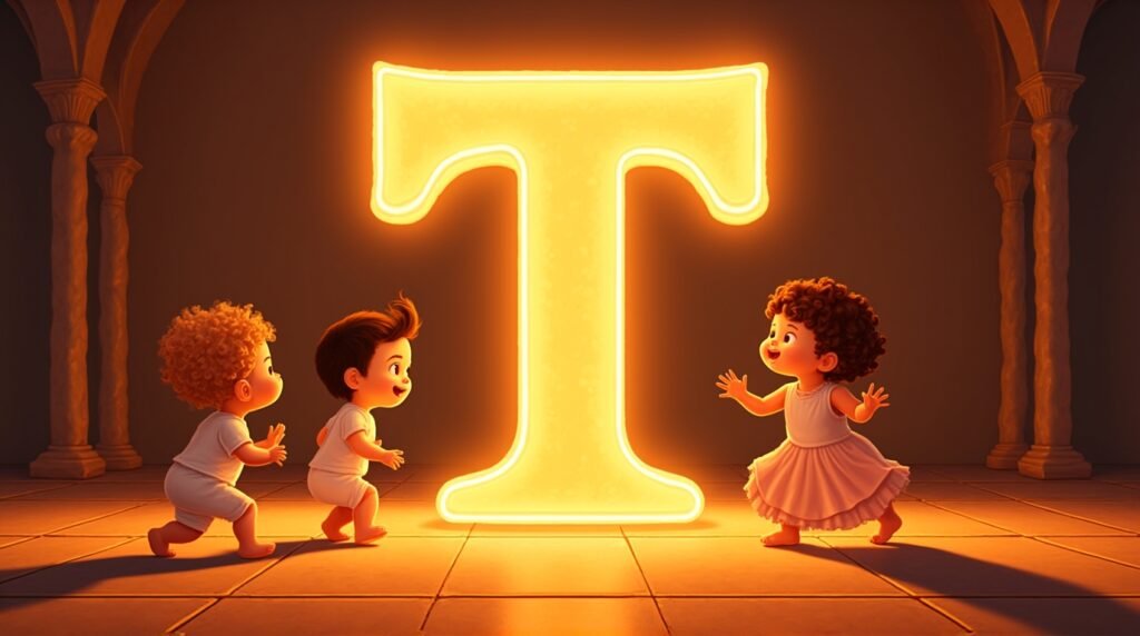 Des bébés vêtus de tenues inspirées de l’Amérique Latine, jouant joyeusement autour d’une lettre néon orange "T", sur un sol orné de mosaïque méditerranéenne, vibrant d'énergie.