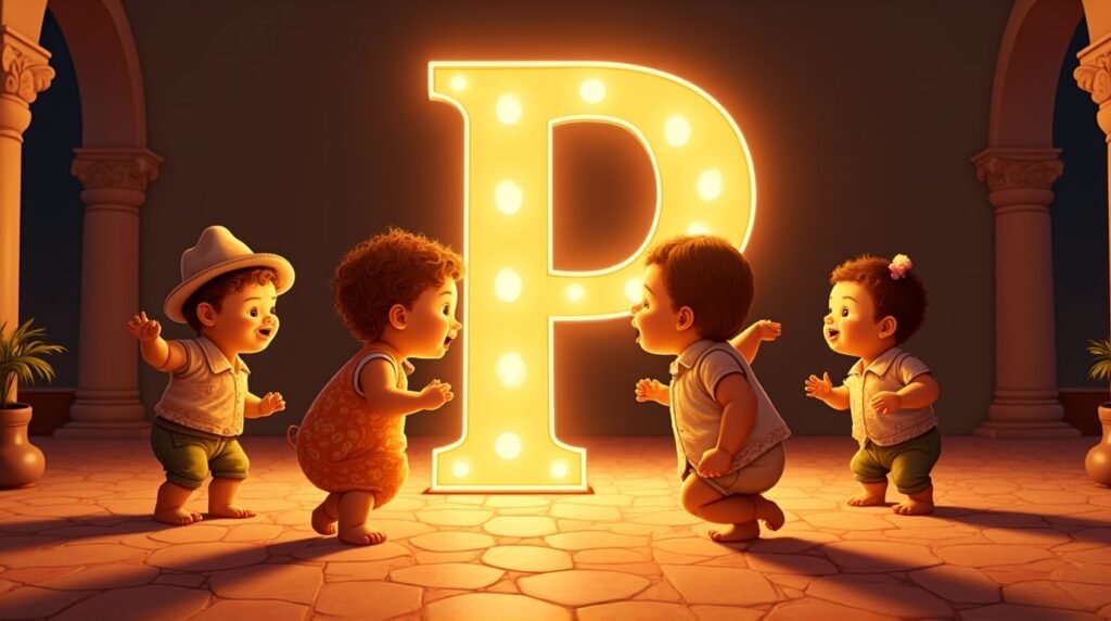 Des bébés habillés avec des tenues inspirées d'Amérique Latine, jouant joyeusement autour d’une lettre néon orange "P", sur un sol décoré de mosaïque méditerranéenne, débordant d’énergie.