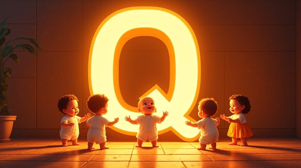 Des bébés vêtus de tenues inspirées de l’Amérique Latine, jouant joyeusement autour d’une lettre néon orange "Q", sur un sol orné de mosaïque méditerranéenne, plein de vie.