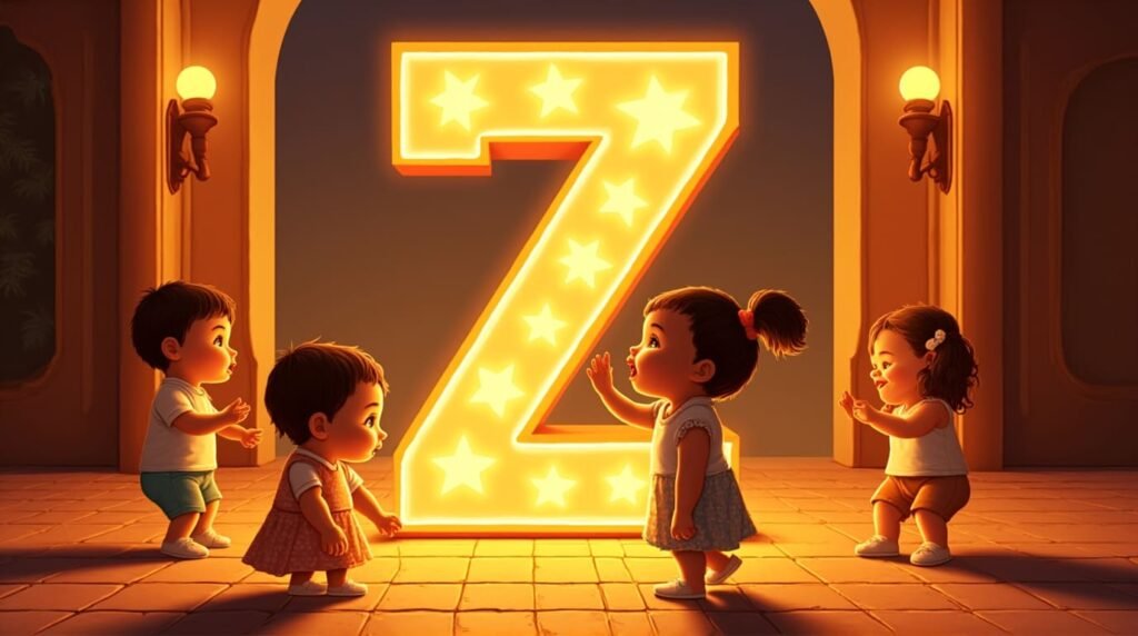 Des bébés habillés avec des tenues inspirées de l’Amérique Latine, jouant joyeusement autour d’une lettre néon orange "Z", sur un sol orné de mosaïques méditerranéennes, débordant de vitalité.