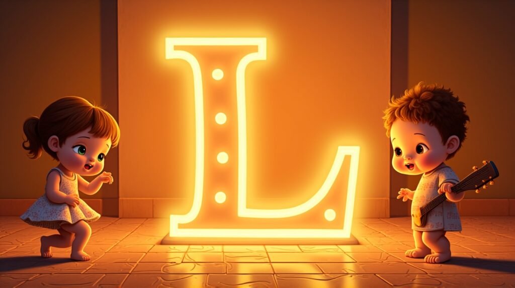 Des bébés vêtus de tenues inspirées de l’Amérique Latine, jouant joyeusement autour d’une lettre néon orange "L", sur un sol orné de mosaïque méditerranéenne, vibrant d'énergie.