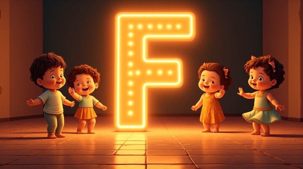 Des bébés habillés avec des tenues inspirées d'Amérique Latine, jouant joyeusement autour d’une lettre néon orange "F", sur un sol carrelé de mosaïque méditerranéenne, vibrant de joie.