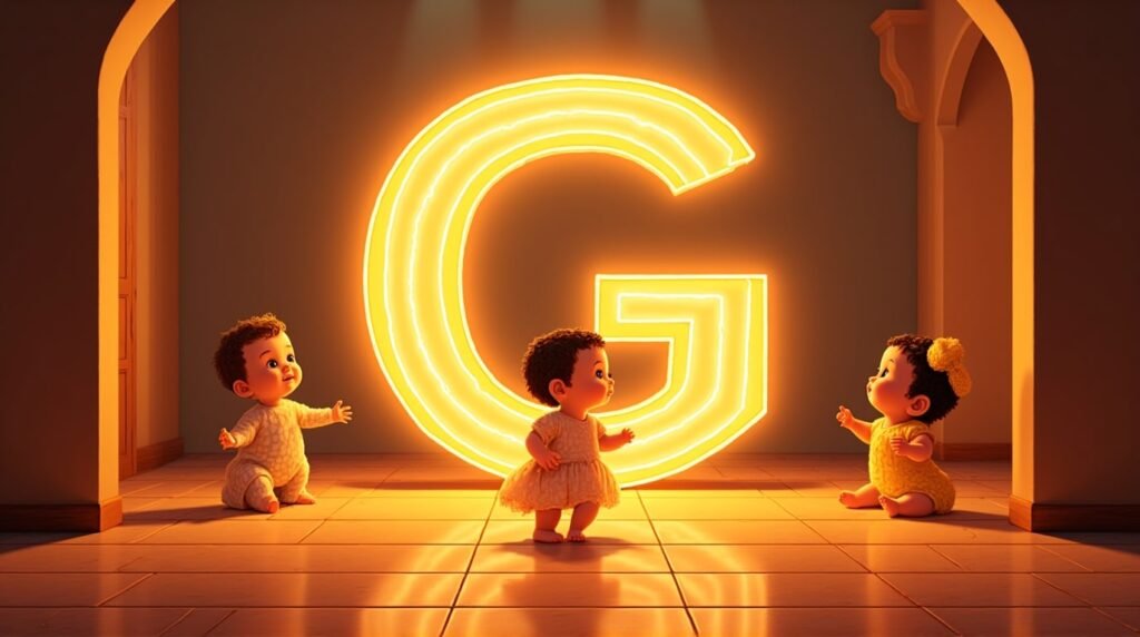 Des bébés vêtus de tenues inspirées de l'Amérique Latine, jouant joyeusement autour d’une lettre néon orange "G", sur un sol décoré de mosaïque méditerranéenne, vibrant de bonheur.
