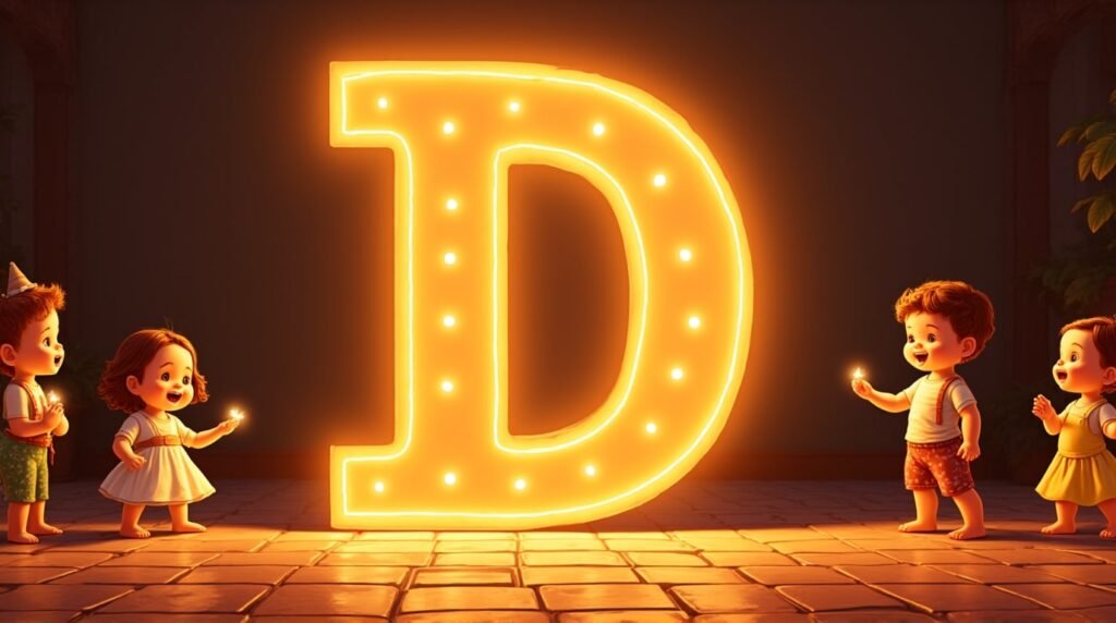 Des bébés vêtus de tenues inspirées d'Amérique Latine, jouant joyeusement autour d’une lettre néon orange "D", sur un sol en mosaïque méditerranéenne, plein de dynamisme.
