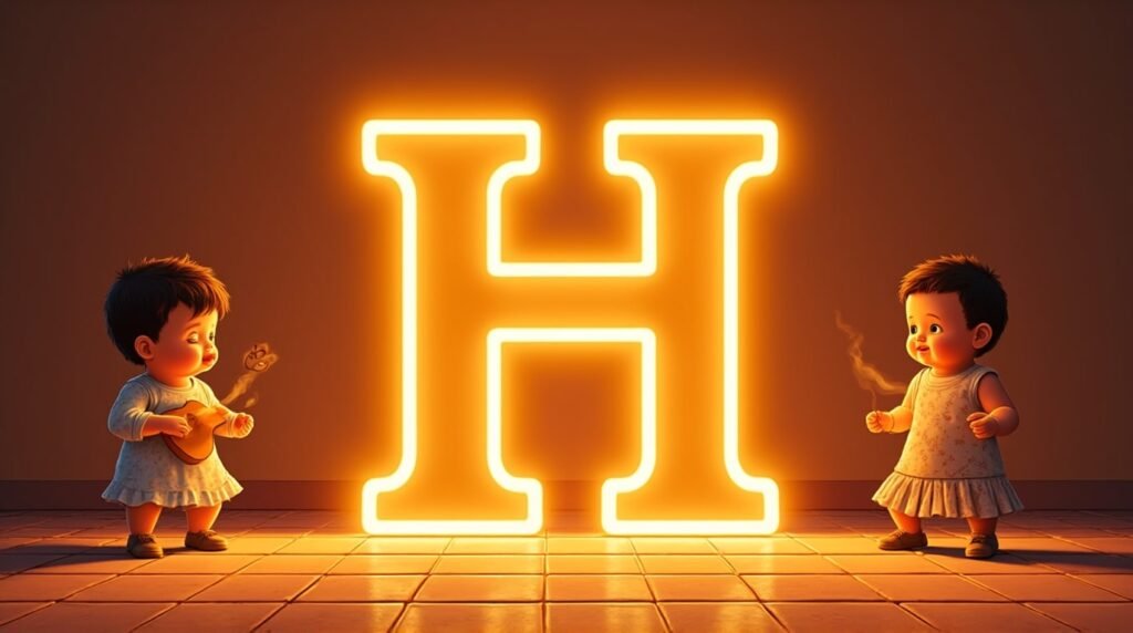 Des bébés vêtus de tenues inspirées de l'Amérique Latine, jouant joyeusement autour d'une lettre néon orange "H", sur un sol en mosaïque méditerranéenne, vibrant de vie et de couleur.