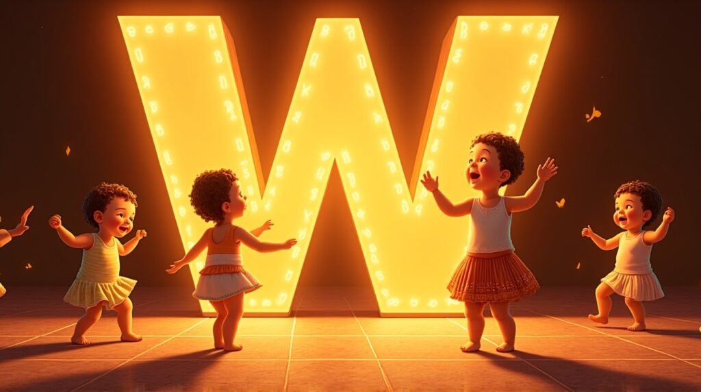 Des bébés vêtus de tenues inspirées de l’Amérique Latine, jouant joyeusement autour d’une lettre néon orange "W", sur un sol décoré de mosaïque méditerranéenne, débordant d'énergie.