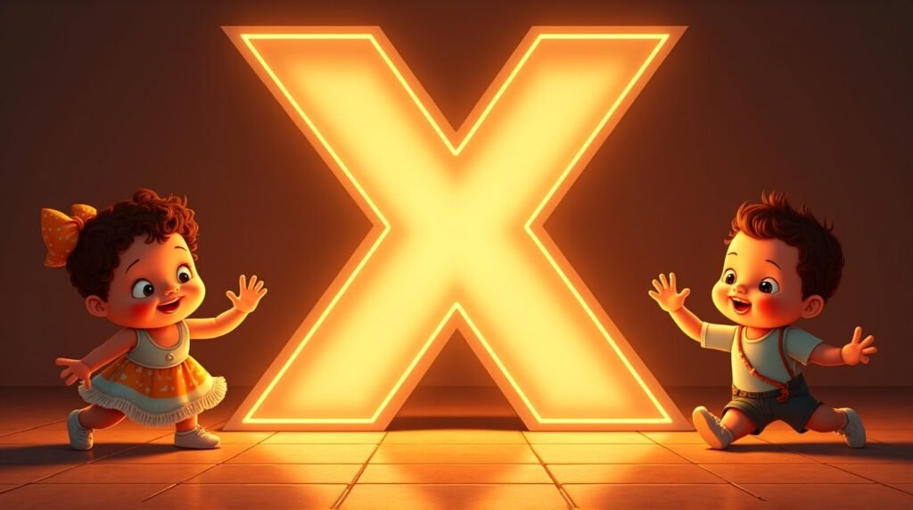 Des bébés vêtus de tenues inspirées de l’Amérique Latine, jouant joyeusement autour d’une lettre néon orange "X", sur un sol décoré de mosaïques méditerranéennes, débordant d’énergie.