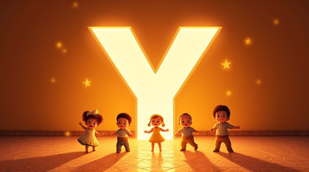 Des bébés habillés de tenues inspirées de l’Amérique Latine, jouant avec joie autour d’une lettre néon orange "Y", sur un sol orné de mosaïque méditerranéenne, vibrant d’énergie.