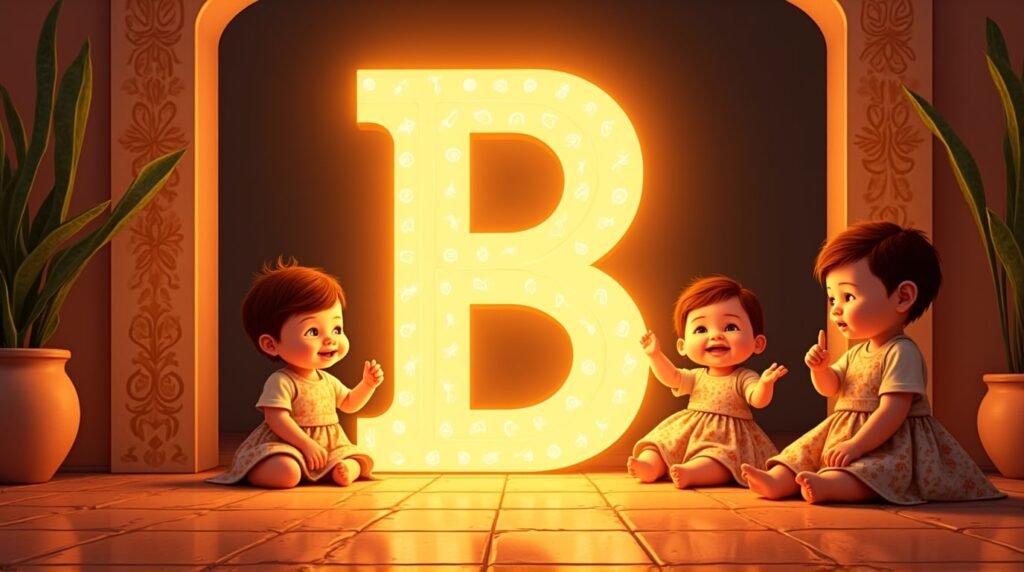 Des bébés vêtus de tenues inspirées de l’Amérique Latine, jouant joyeusement autour d’une lettre néon orange "B", sur un sol décoré de mosaïque méditerranéenne, vibrant de vie.