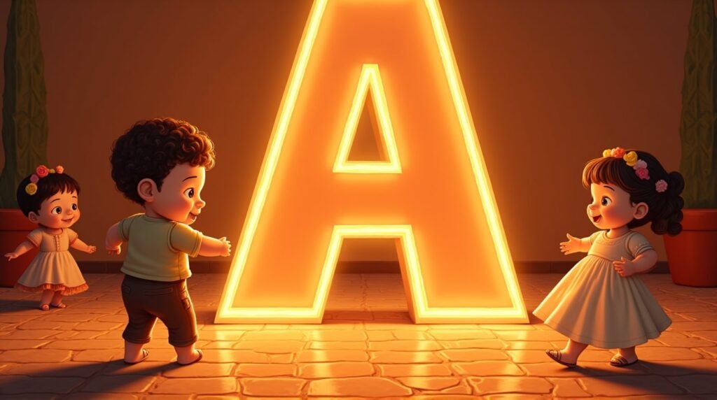Des bébés vêtus de tenues inspirées d'Amérique Latine, jouant joyeusement autour d'une lettre néon orange "A", sur un sol décoré de mosaïque méditerranéenne, plein de vie et de couleur.