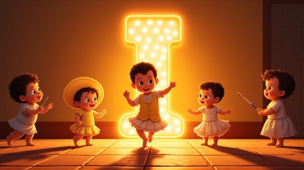 Des bébés vêtus de tenues inspirées d’Amérique Latine, jouant joyeusement autour d’une lettre néon orange "I", sur un sol décoré de mosaïque méditerranéenne, rayonnant d’énergie.