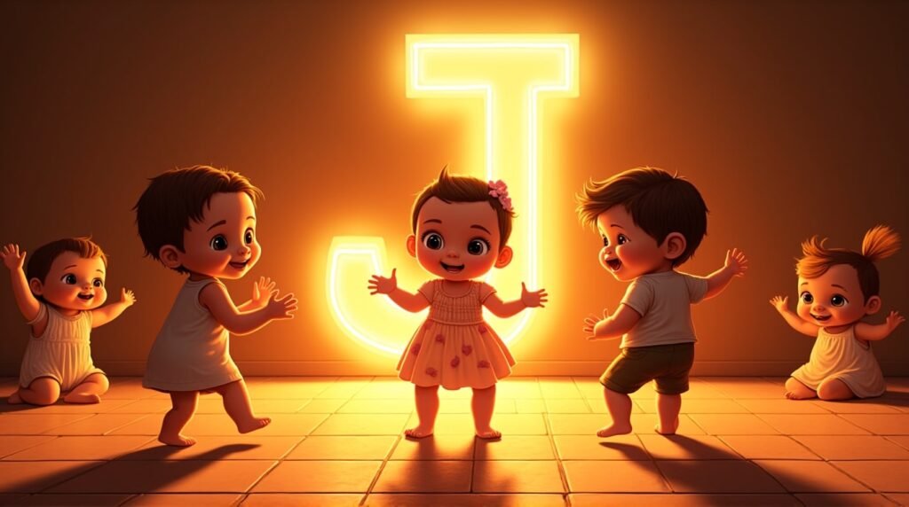 Des bébés vêtus de tenues inspirées d'Amérique Latine, jouant joyeusement autour d’une lettre néon orange "J", sur un sol décoré de mosaïque méditerranéenne, débordant d'énergie.