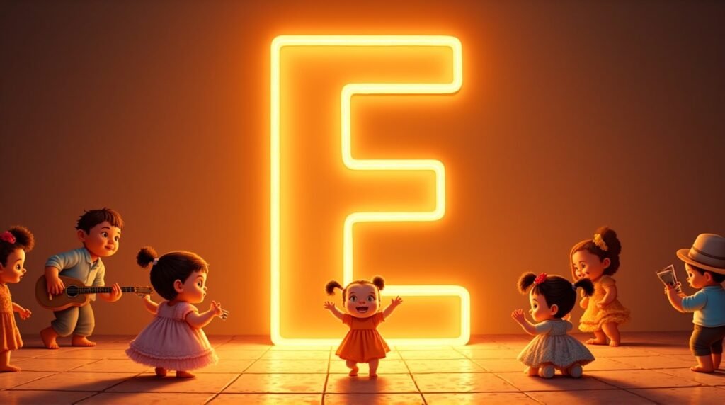 Vêtus de tenues inspirées d'Amérique Latine, des bébés jouent joyeusement autour d'une lettre néon orange "E", sur un sol en mosaïque méditerranéenne, plein d'énergie.