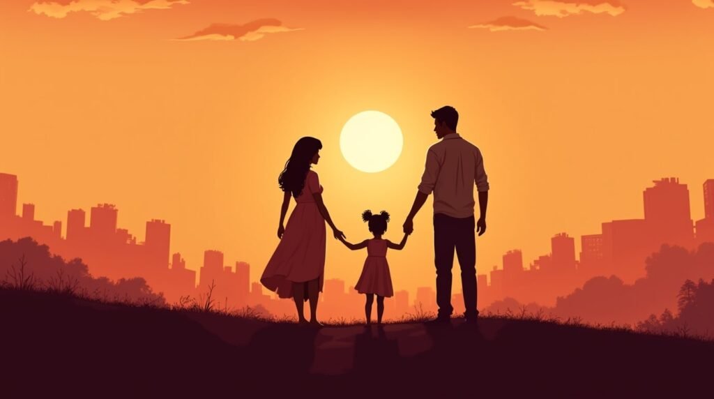 Une maman et un papa afro-américains tiennent tendrement la main de leur fille, en se promenant dans un jardin fleuri, sous un ciel crépusculaire avec des collines et des forêts verdoyantes en arrière-plan.