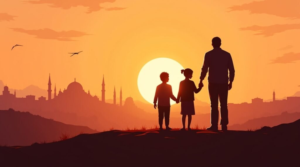 Une maman et un papa musulmans tiennent tendrement la main de leur fille, se promenant dans un jardin luxuriant sous un ciel crépusculaire aux teintes chaudes, avec des collines verdoyantes et des forêts denses en arrière-plan.