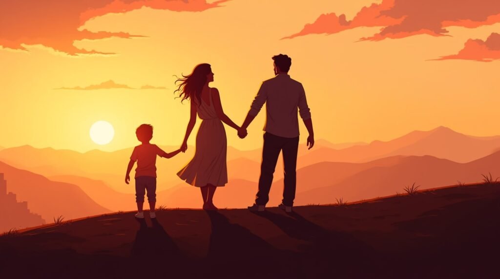 Un couple américain marche main dans la main avec leur petit garçon sur une colline verdoyante, offrant une vue imprenable sur les montagnes et les prairies ouvertes du Midwest.