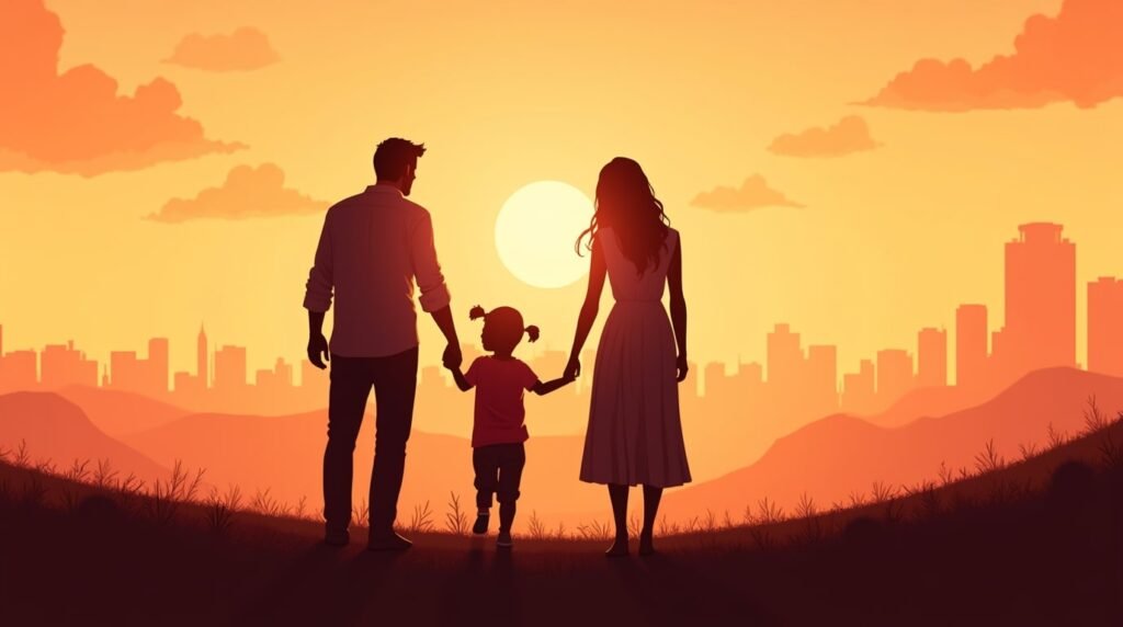 Une maman et un papa américains tiennent tendrement la main de leur fille, se promenant dans un jardin florissant, sous un ciel crépusculaire, avec des collines et des forêts luxuriantes à l'horizon.