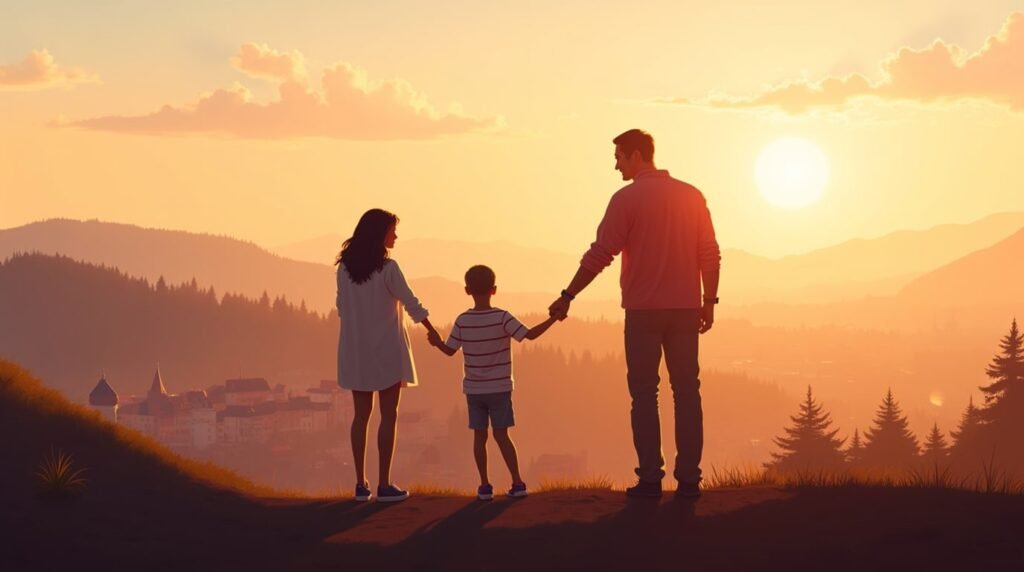Un couple autrichien marche main dans la main avec leur petit garçon sur une colline verdoyante, offrant une vue imprenable sur les Alpes autrichiennes et les villages pittoresques.