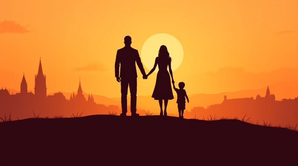 Un couple belge marche main dans la main avec leur petit garçon sur une colline verdoyante, offrant une vue imprenable sur les Ardennes et les paysages pittoresques de la Belgique.