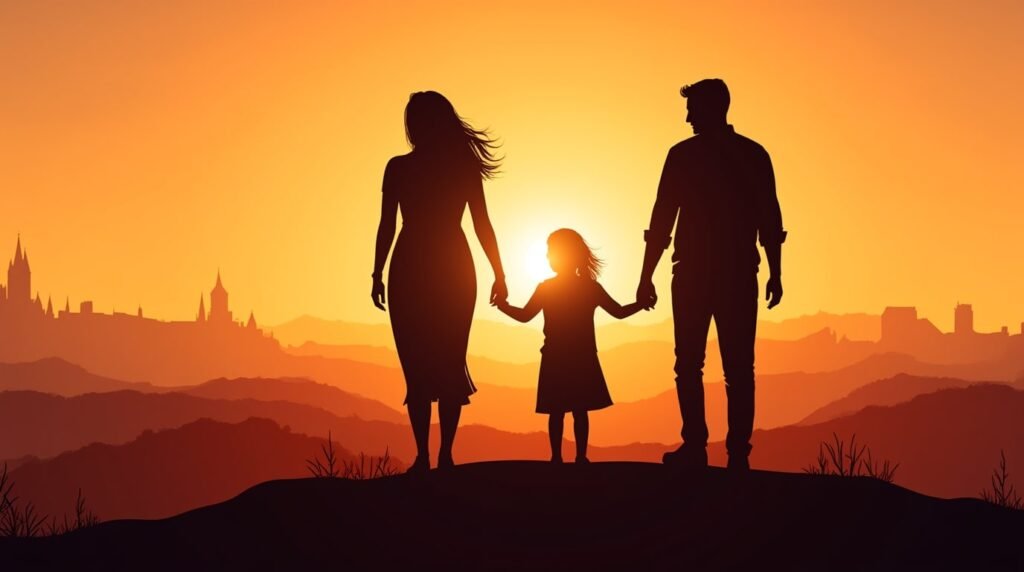 Une maman et un papa belges tiennent tendrement la main de leur fille, se promenant dans un jardin fleuri, sous un ciel crépusculaire, avec les champs verdoyants et les forêts de sapins en arrière-plan.
