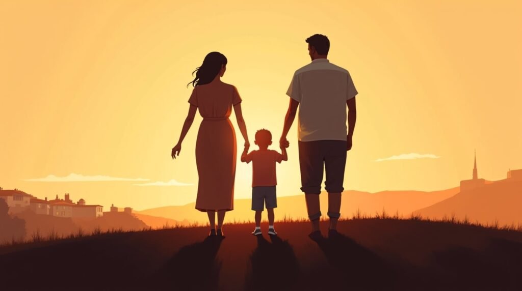 Un couple alsacien marche main dans la main avec leur petit garçon sur une colline verdoyante, offrant une vue imprenable sur les vignes et les collines boisées de l'Alsace.