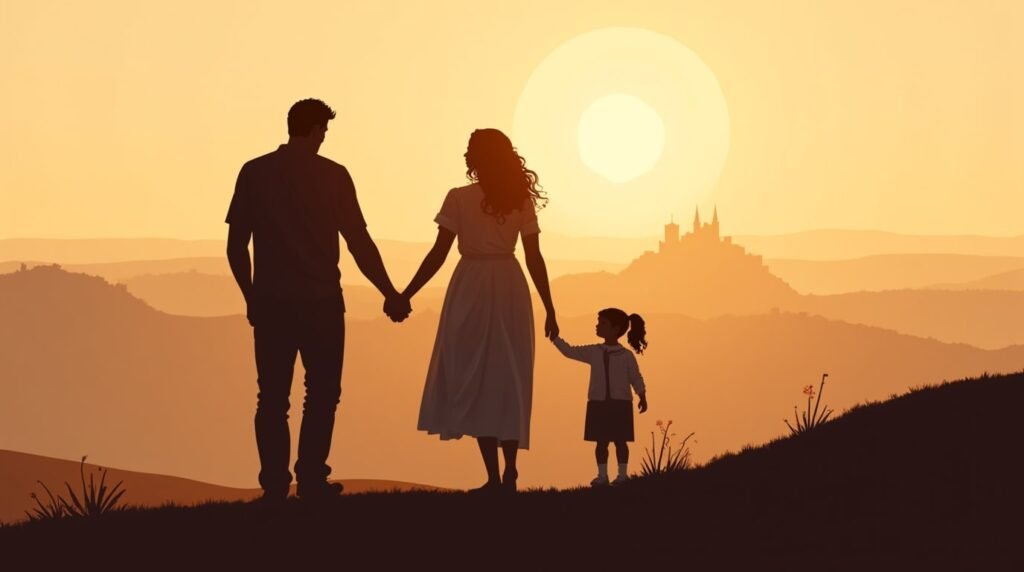 Une maman et un papa bretons tiennent tendrement la main de leur fille, se promenant dans un jardin fleuri, sous un ciel crépusculaire, avec les falaises et les forêts bretonnes en arrière-plan.